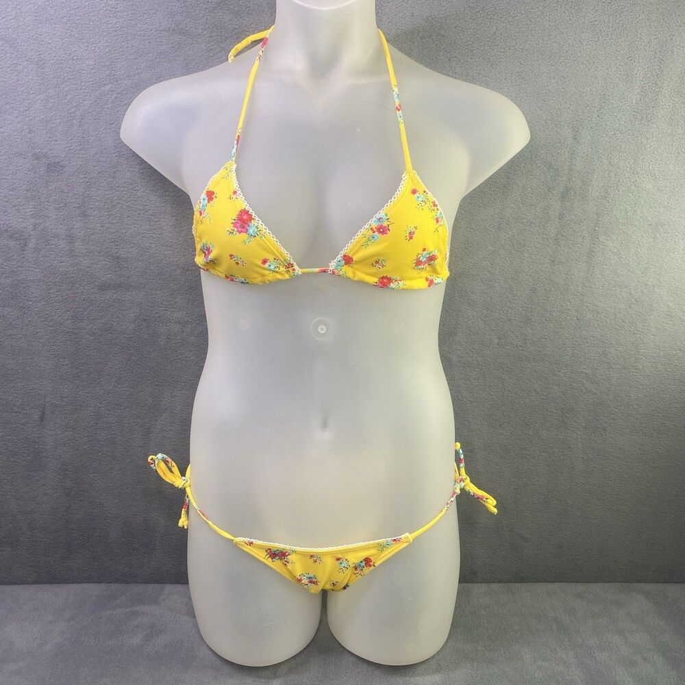 AGUA DOCE Brazilian 2-pc Bikini Size Small Yellow Flowers Lace Trim Hip Tie